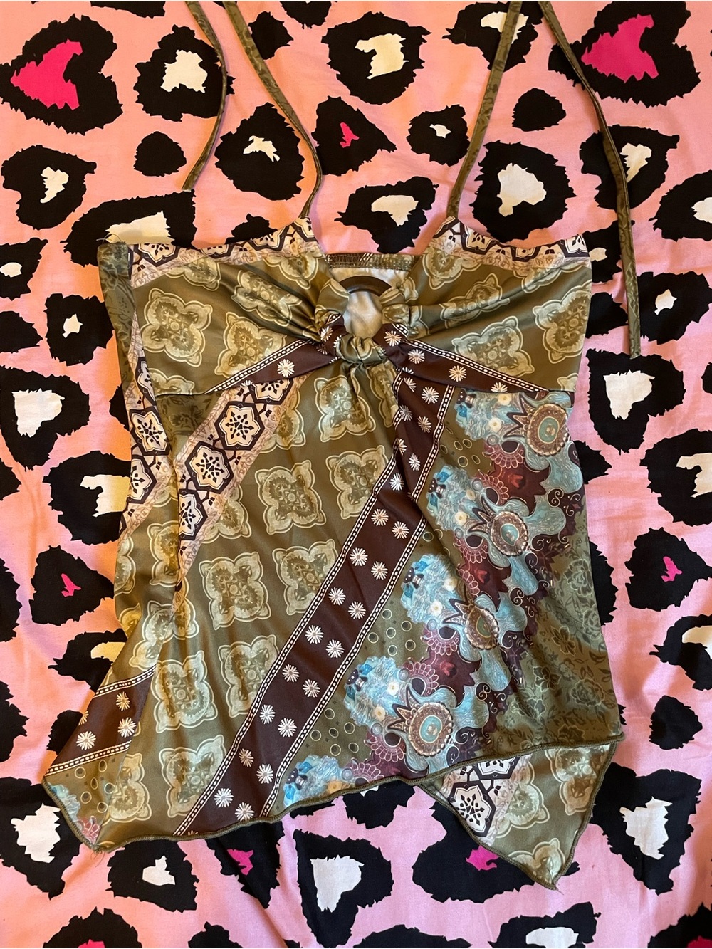 Womens Olive Green Bandana Paisley Print Halter Top